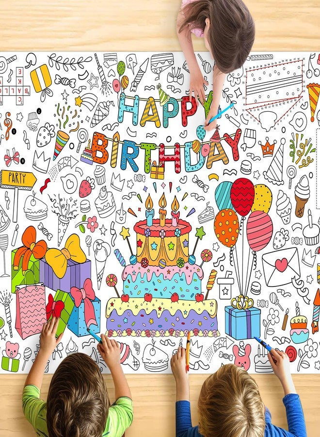 JOYGATHER Happy Birthday Coloring Tablecloth for Kids, Giant Coloring Table Cloth 30x72 Inch, Birthday Party Activity Poster with Balloons Cakes Games, Fun Arts Crafts for Kids Party Decorations - Image 1